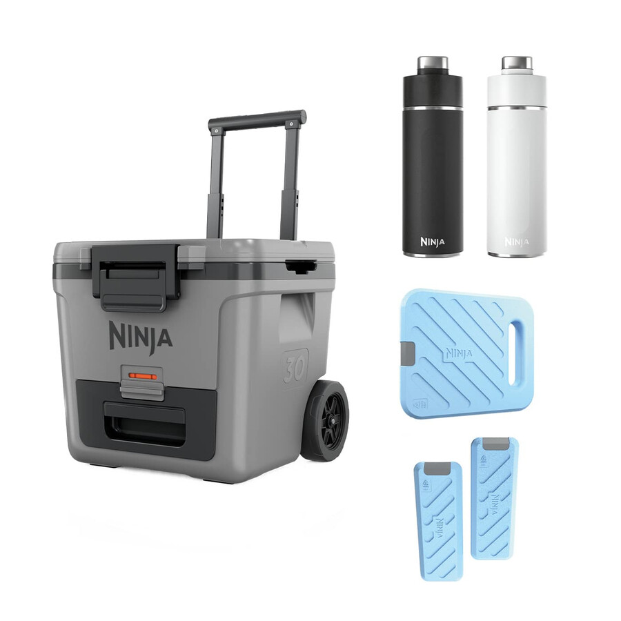 ninja frostvault 30qt28l koelbox op wielen inclusief koelelement en drinkfles.